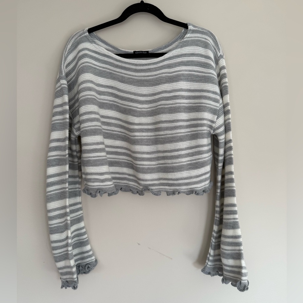 Nasty Gal Sweater Gray and White Striped Open Knit Oversized Top